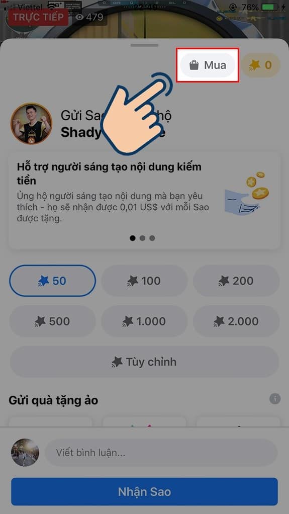 Hãy bấm chọn vào ô “sao” để mở ra bảng tùy chọn mua sao trên facebook