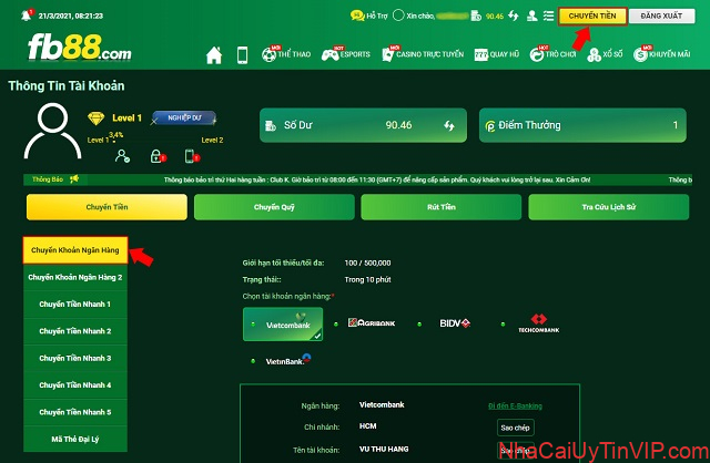 Bước 1: Người chơi chọn phương thức chuyển tiền ngân hàng